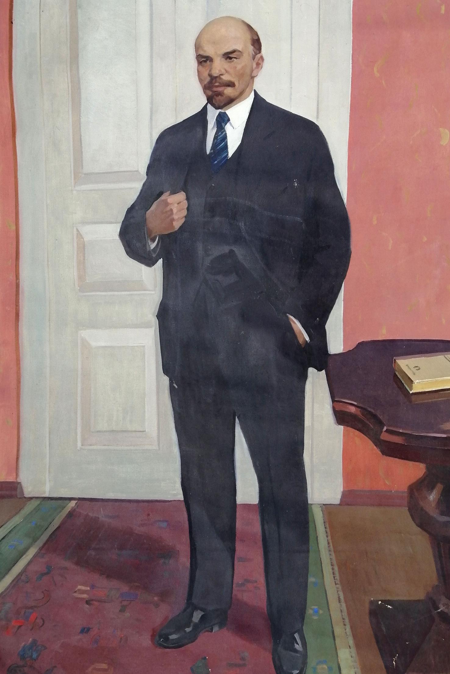 Social realism oil painting of Lenin in navy suit portrait