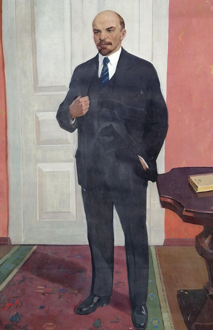 Social realism oil painting of Lenin in navy suit, full-length portrait