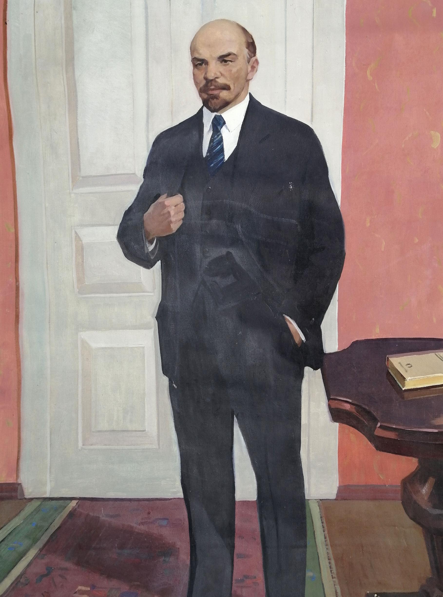 Social realism oil painting of full-length portrait of Lenin in dark suit