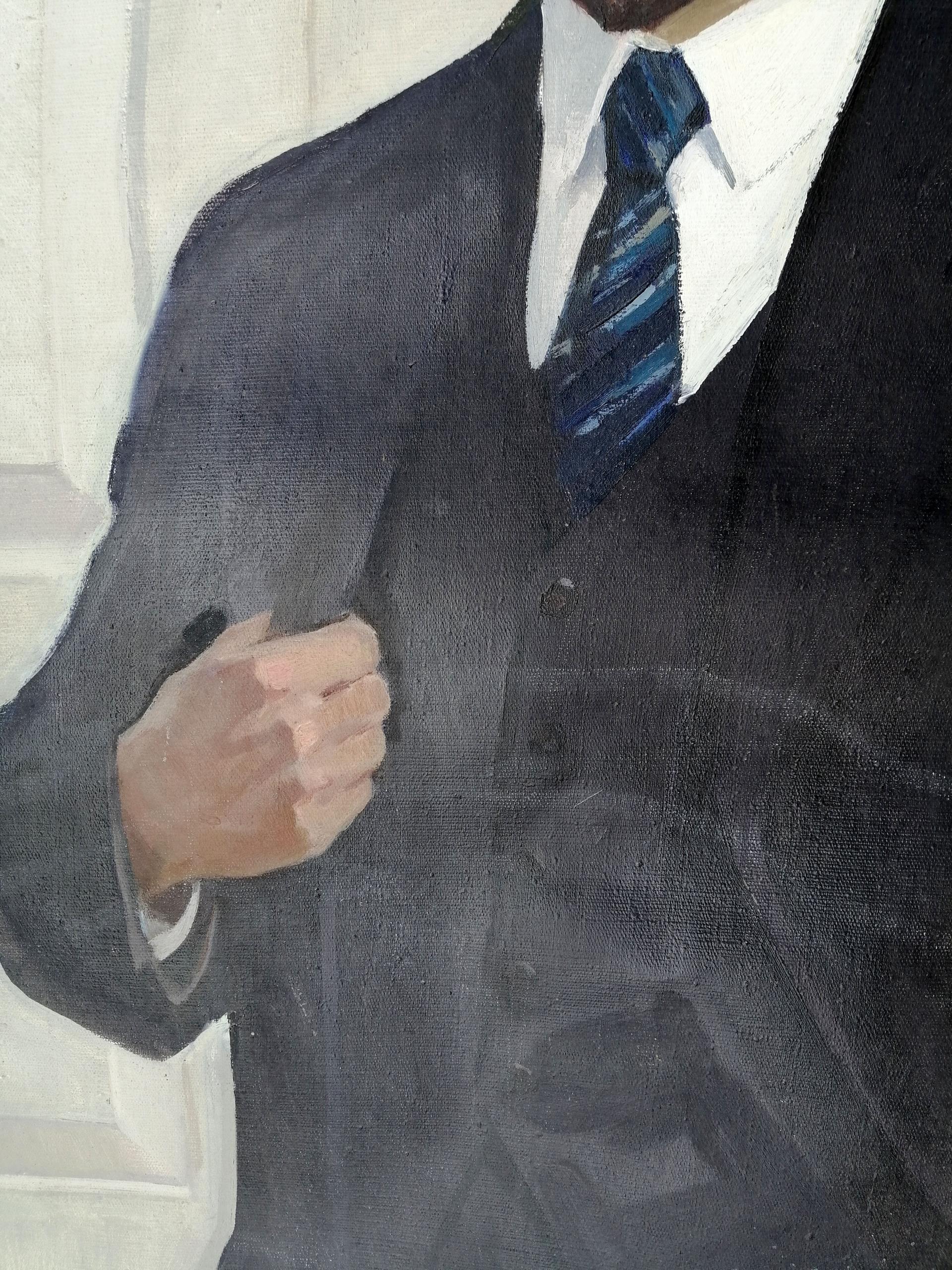 Social realism oil painting of Lenin in dark navy three-piece suit and blue striped tie
