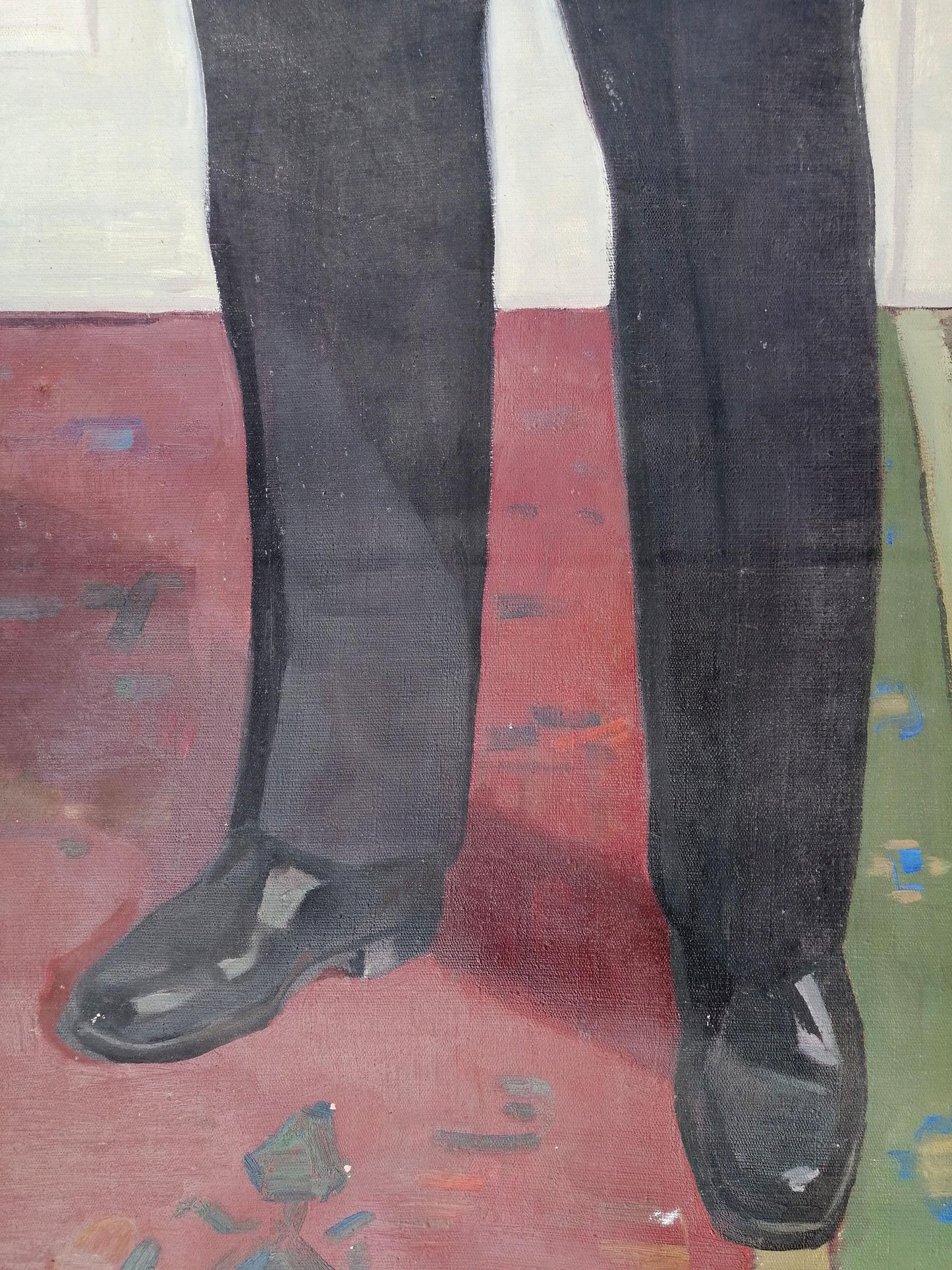 Social realism oil painting of Lenin in black patent leather low heel dress shoes