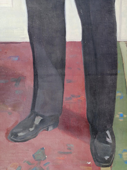 Social realism oil painting of Lenin in black patent leather low heel dress shoes