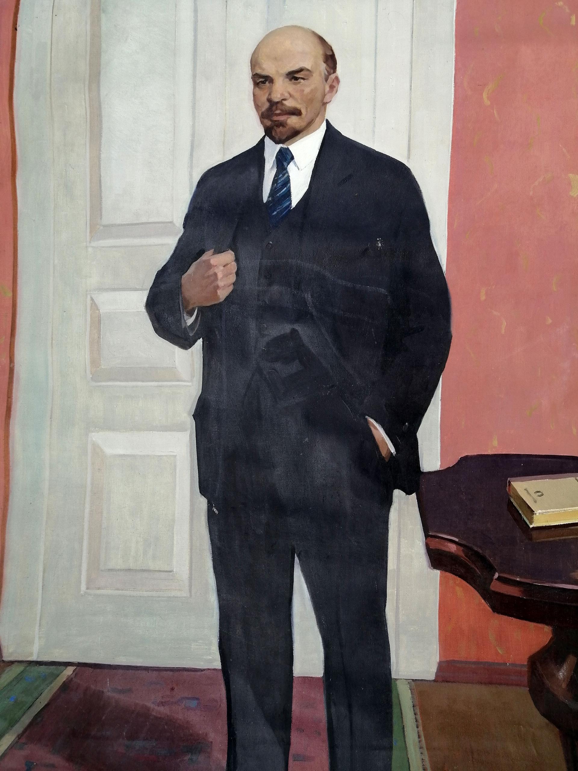 Social realism oil painting of Lenin in navy suit against red wall
