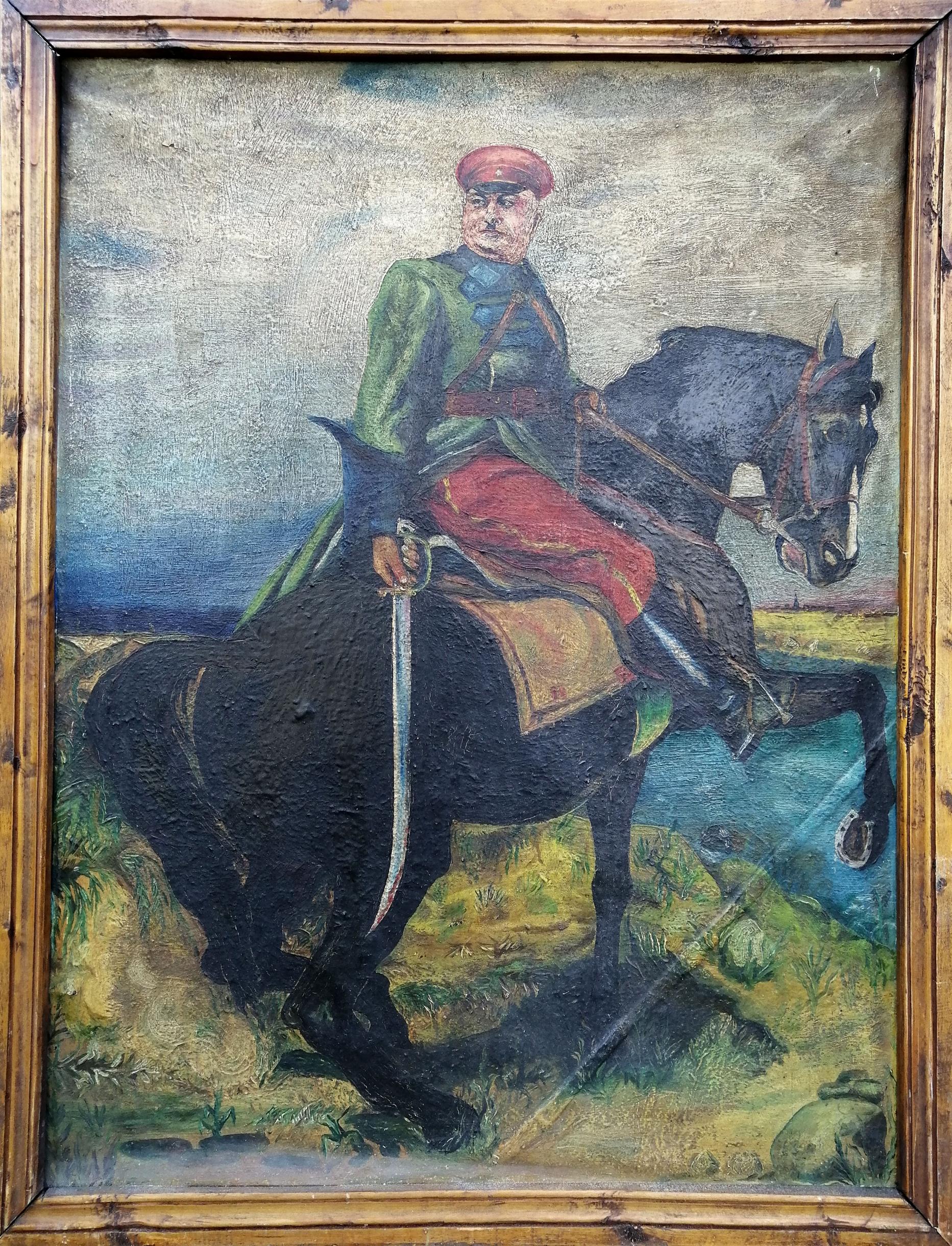 Social realism oil painting of Kotovsky on horseback in rustic frame