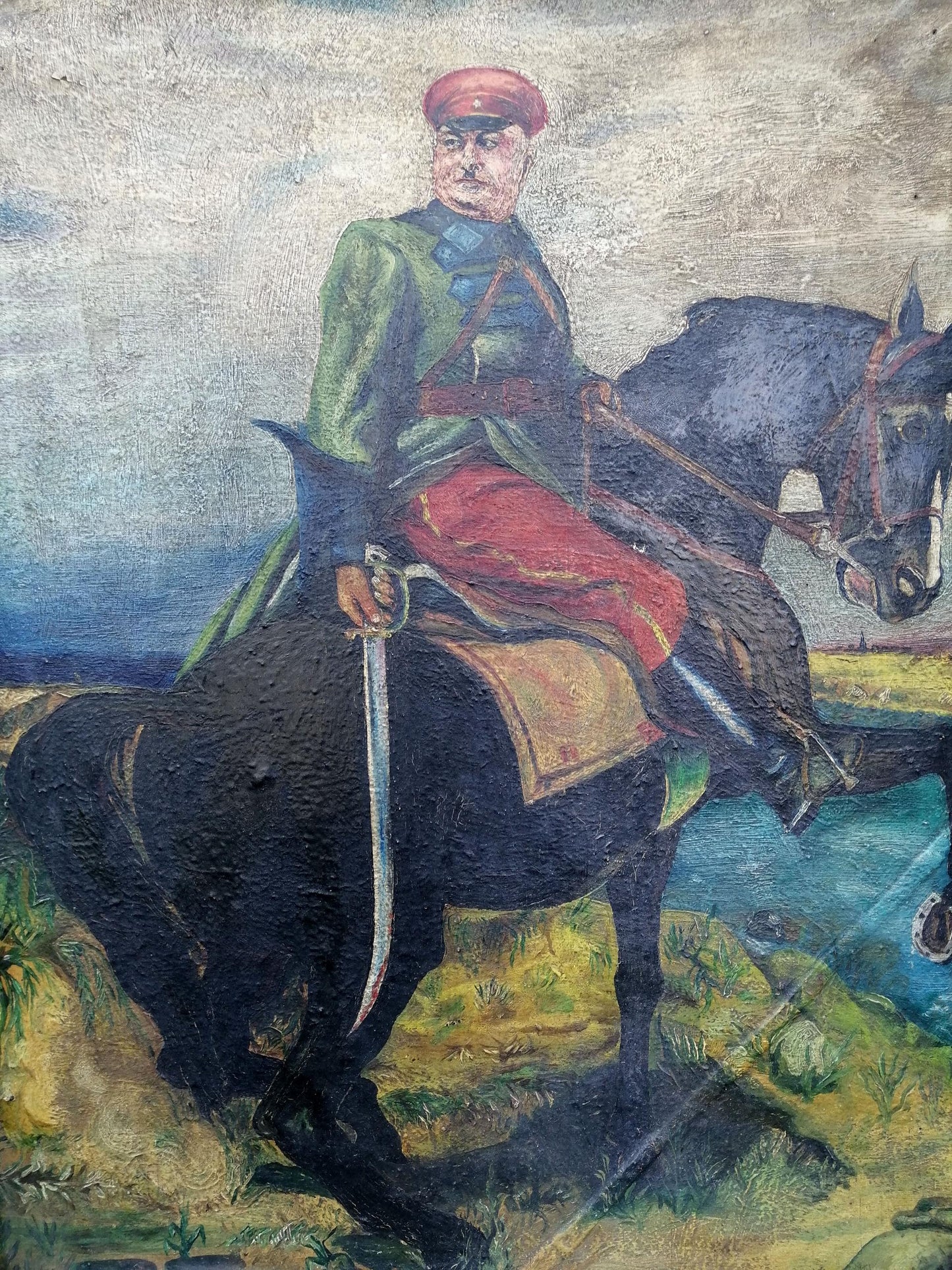 Vintage social realism oil painting of Kotovsky on horseback in green red uniform