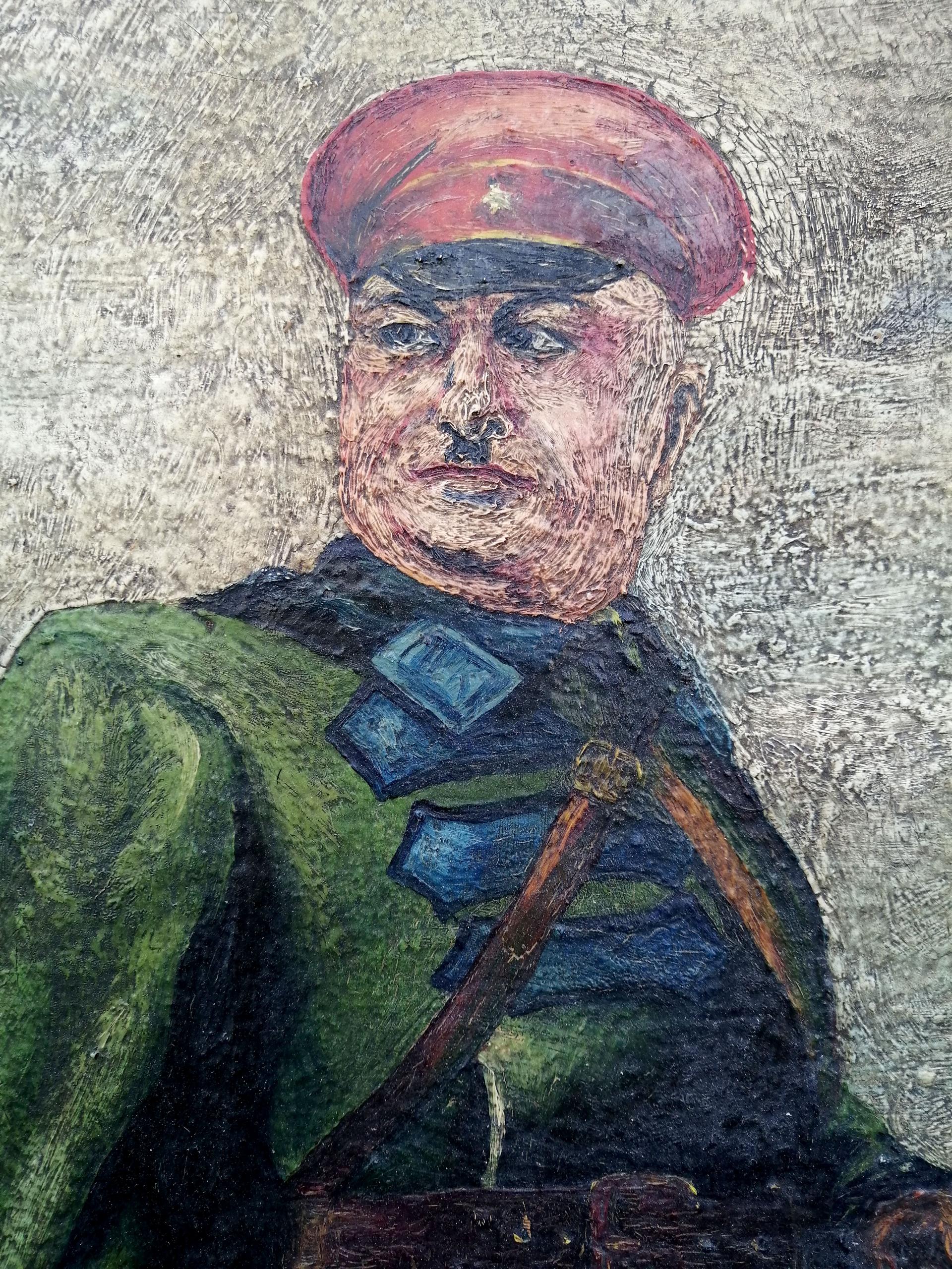 Social realism oil painting of Kotovsky on horseback in red cap and green uniform