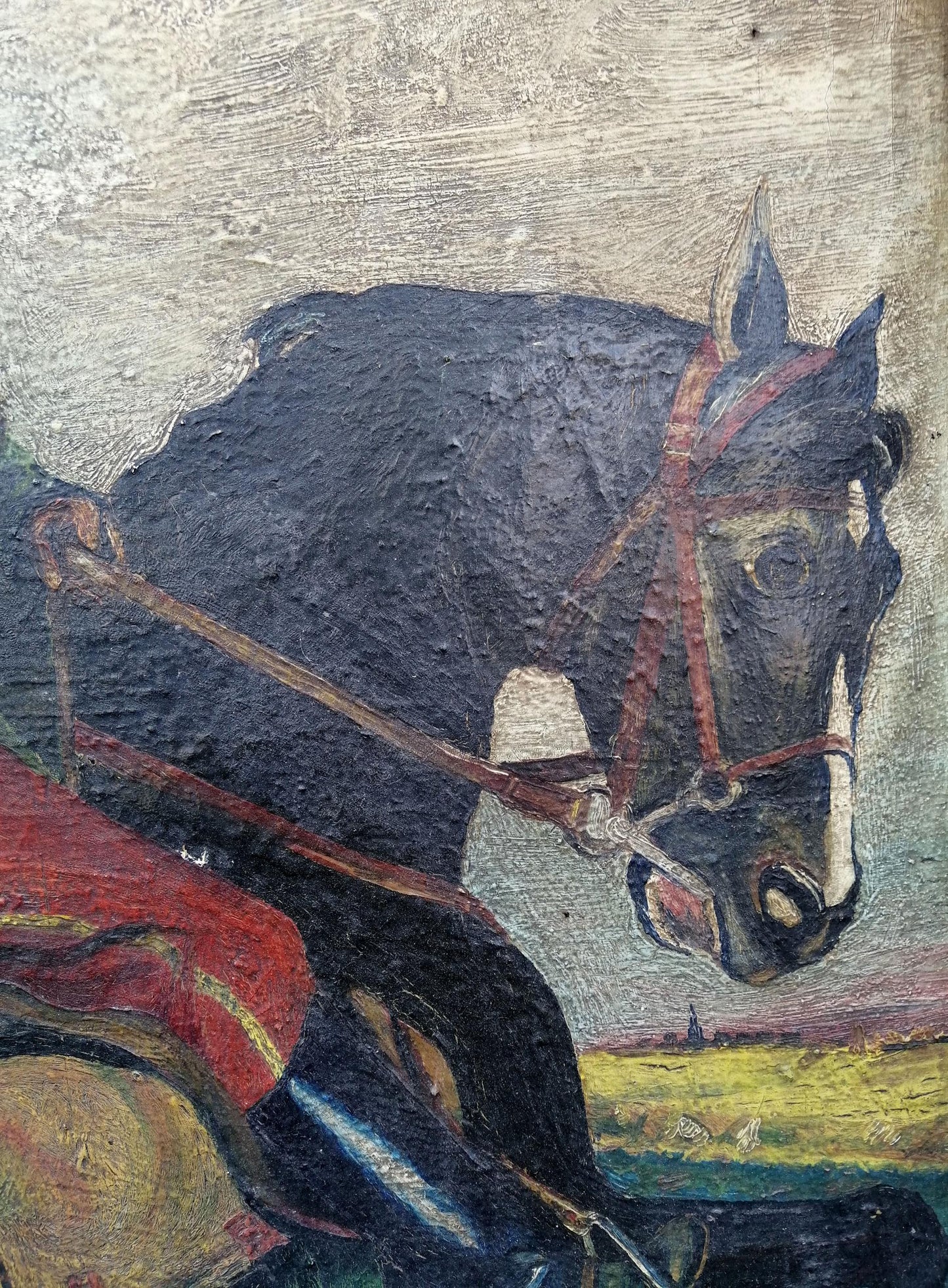 Textured oil painting of Kotovsky on dark horse with red bridle