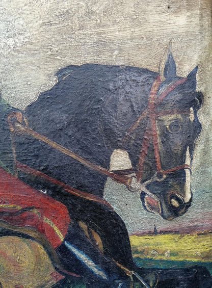 Textured oil painting of Kotovsky on dark horse with red bridle