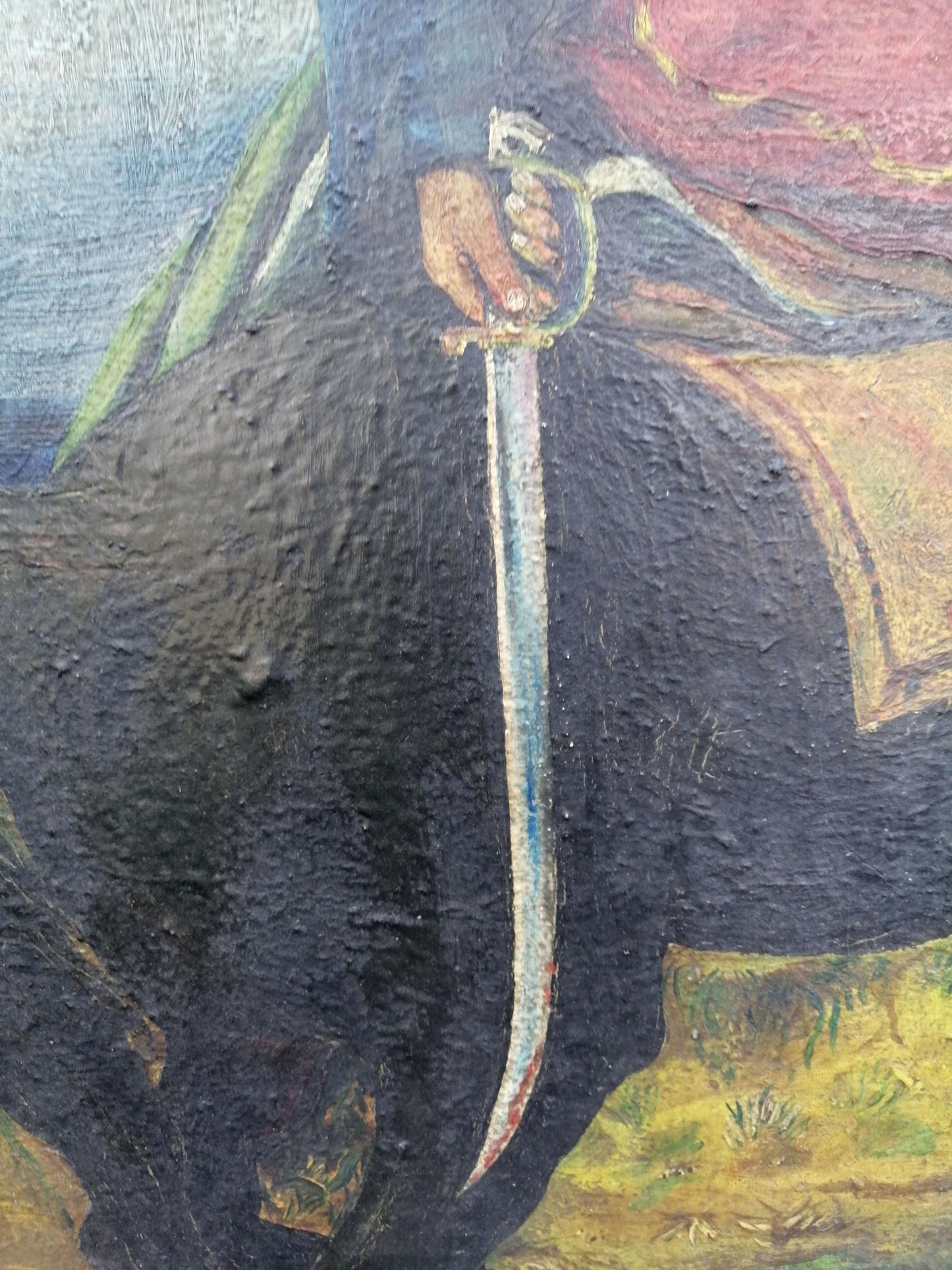 Impressionistic hand gripping silver-hilted curved sword from Kotovsky painting
