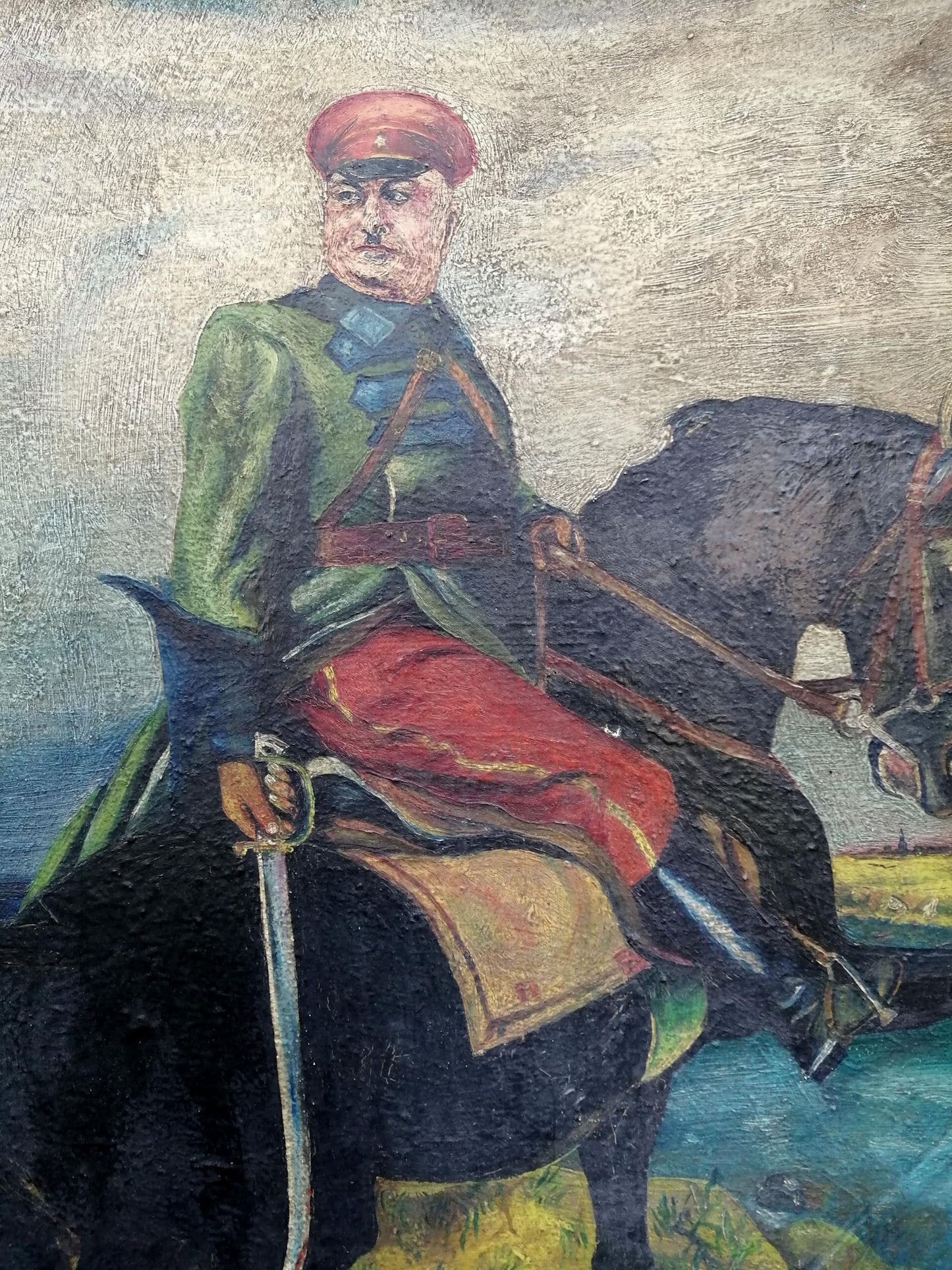 Social realism oil painting of Kotovsky on horseback in green coat