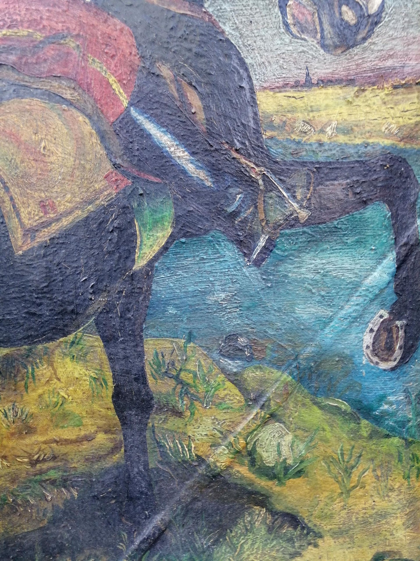Social realism oil painting of Kotovsky on textured dark blue horse with red gold saddle