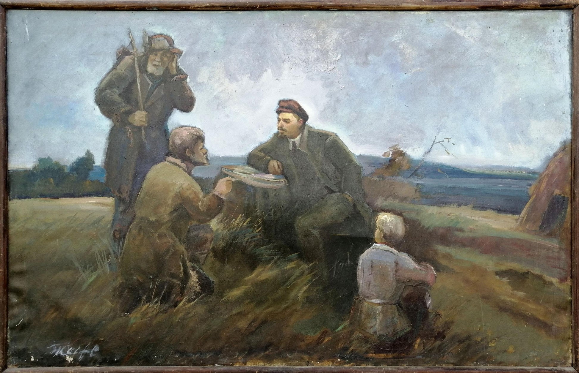 Framed social realism oil painting of Lenin with peasants by Zheleznyy