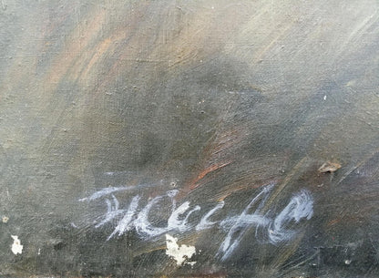Textured dark-toned social realism oil painting of Lenin with peasants by Zheleznyy