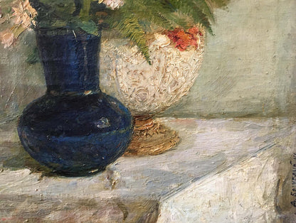 Deep blue ceramic vase with ferns, pink blossoms by Bezugly Daniil Ivanovich