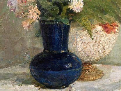 Oil painting of pink white flowers in blue vase by Bezugly Daniil Ivanovich