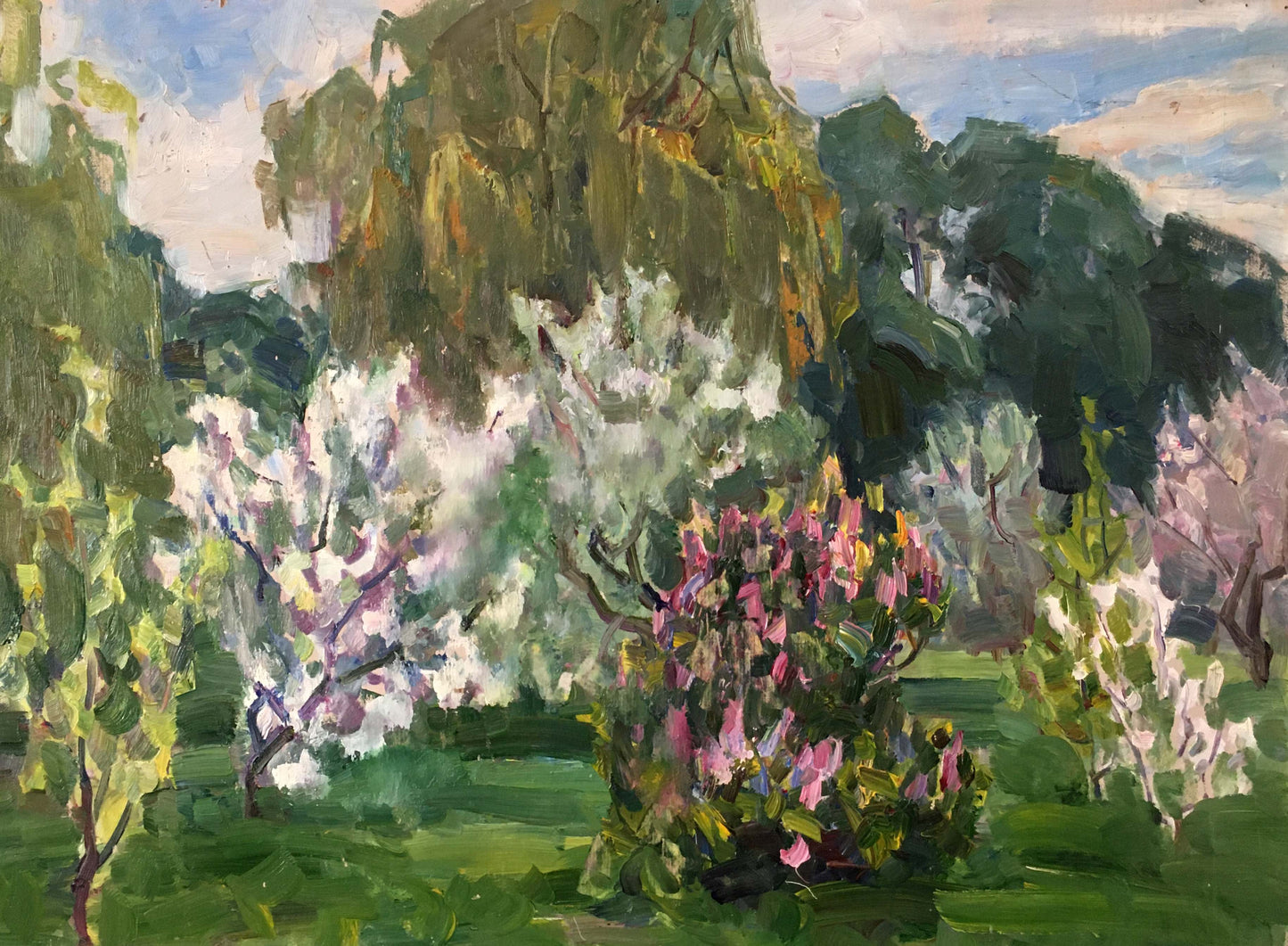 Vibrant impressionist oil painting of blooming garden by Gantman Moisey Faibovich