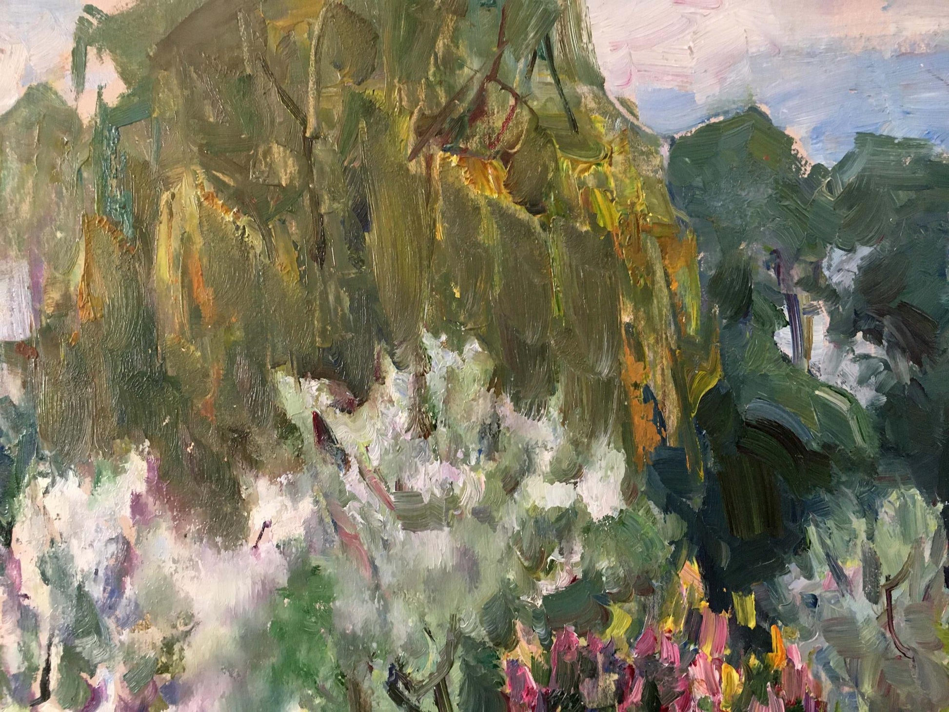 Impressionistic oil painting of lush green hillside with pink yellow flowers by Gantman Moisey Faibovich