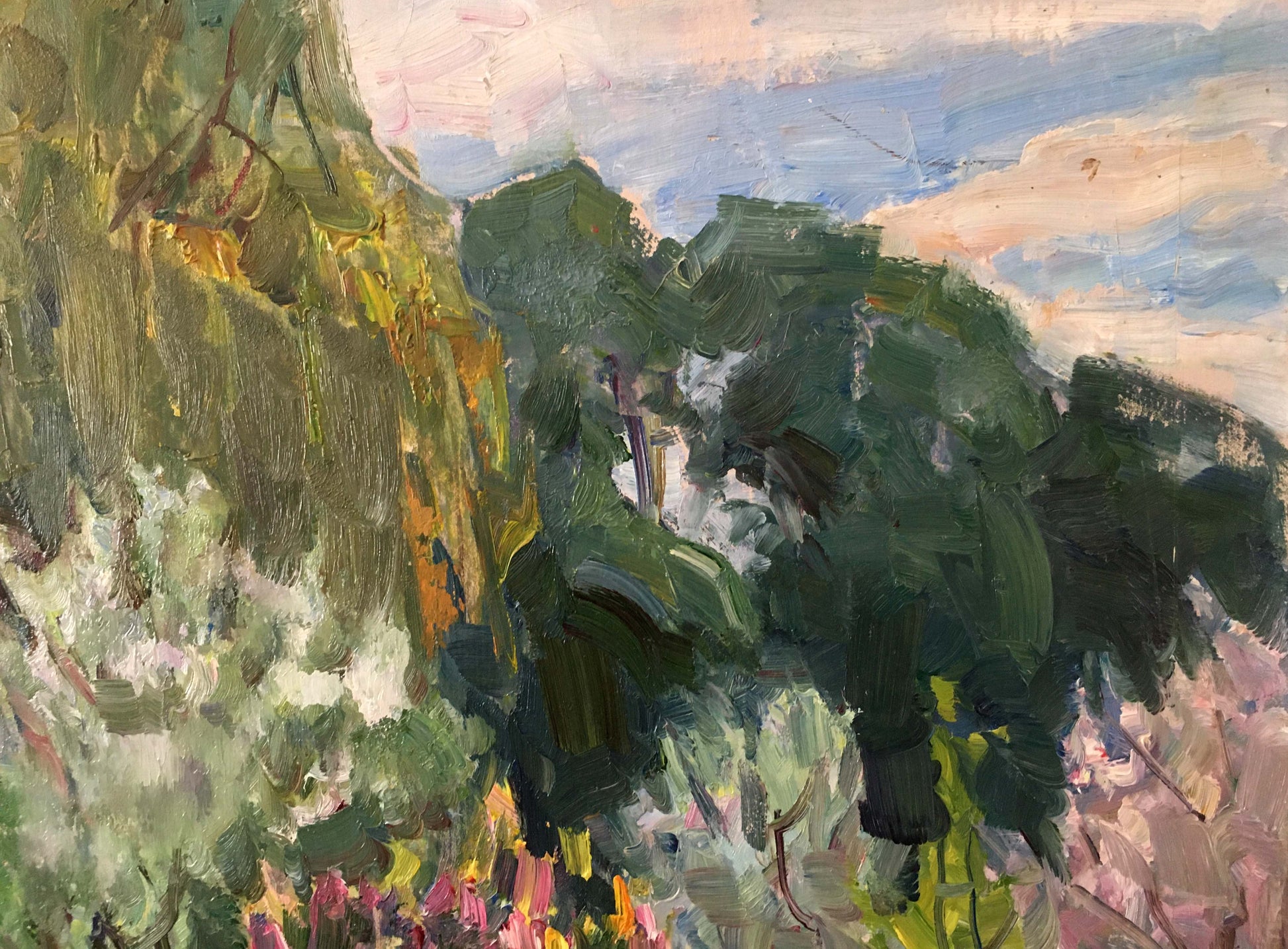 Textured impressionist oil painting of lush green hillside by Gantman Moisey Faibovich