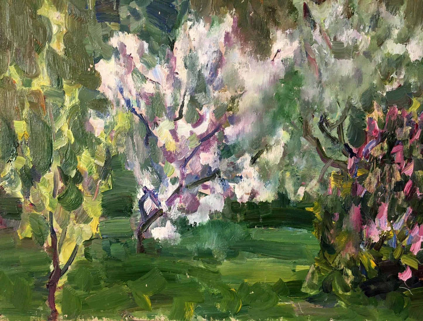 Vibrant impressionist oil painting by Gantman Moisey Faibovich of blossoming garden trees