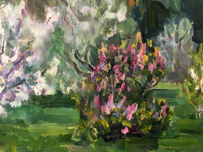 Impressionistic oil painting of vibrant pink purple flowering bush by Gantman Moisey Faibovich