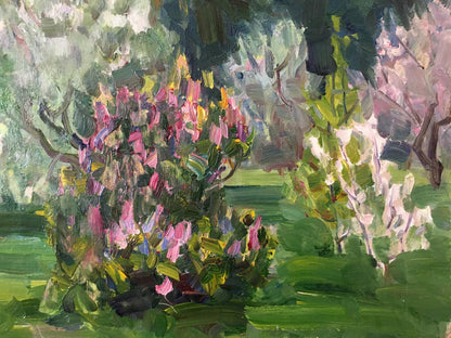 Vibrant pink yellow impressionist oil painting by Gantman Moisey Faibovich