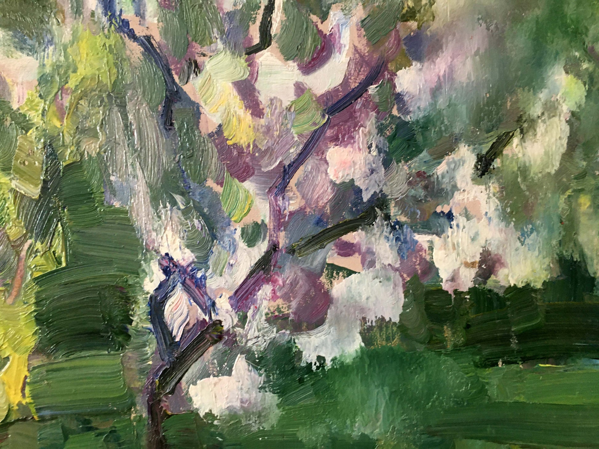 Vibrant impressionist oil painting of blossoming garden tree by Gantman Moisey Faibovich