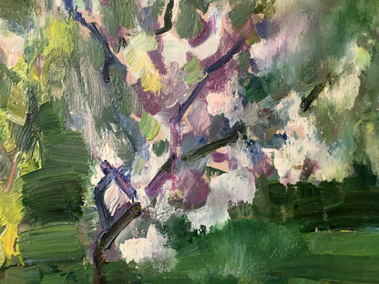 Vibrant impressionist oil painting of blossoming garden tree by Gantman Moisey Faibovich