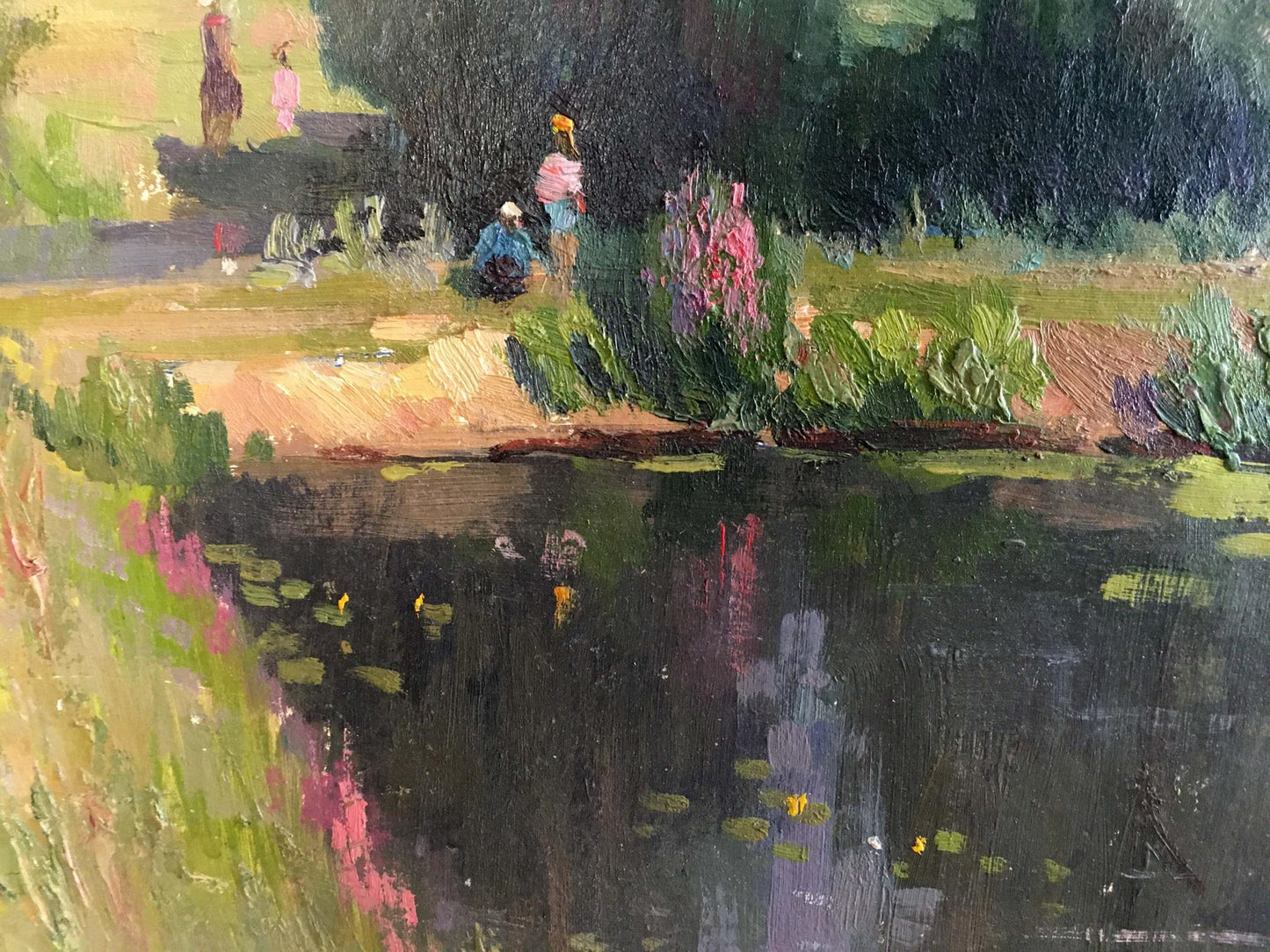 Vibrant impressionist oil painting by Sheludko Leonid Nikolaevich of tranquil pond in forest landscape