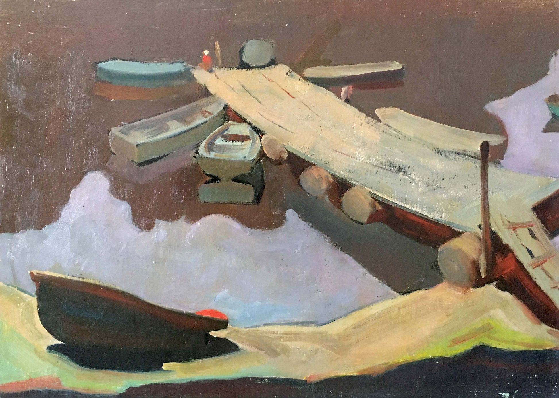 Oil painting by Kiyansky Yuri Ivanovich: weathered dock with boat hull