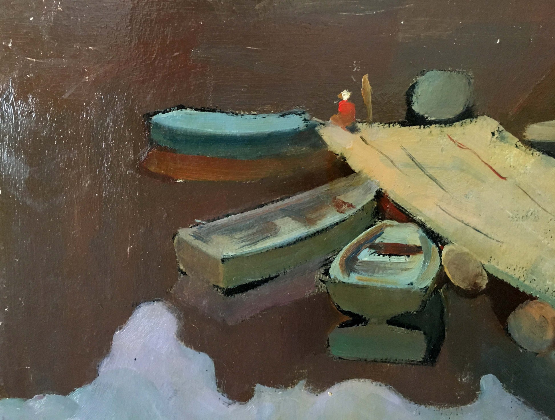 Oil painting by Kiyansky Yuri Ivanovich: red figure on dock by teal boat