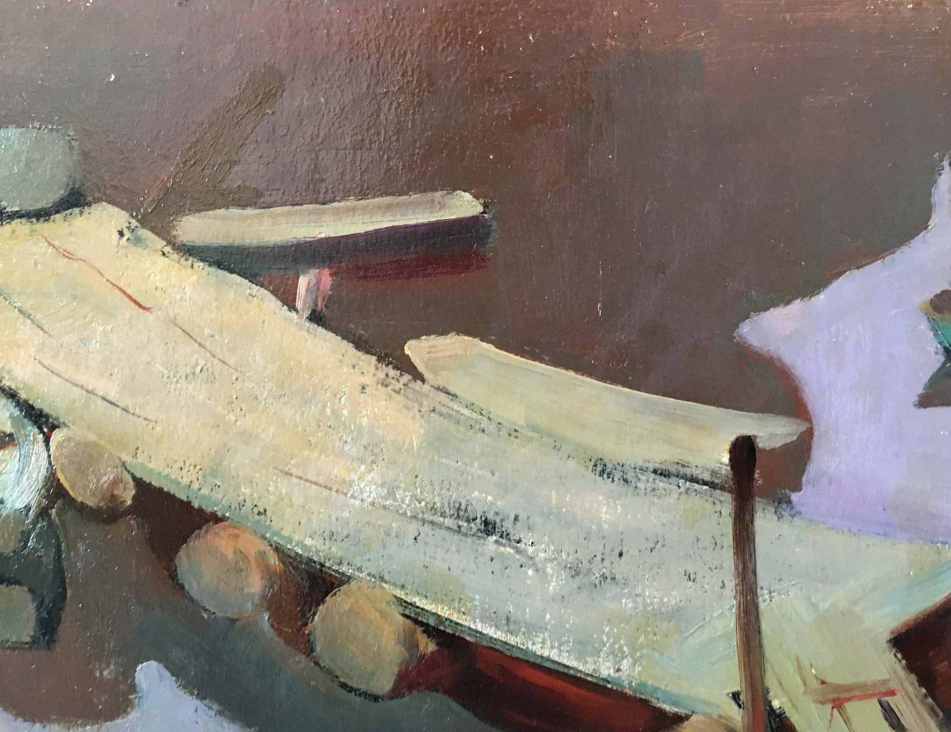Textured off-white wooden plank back of Oil painting Boat mooring Kiyansky Yuri Ivanovich