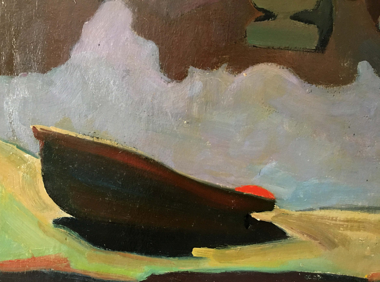 Oil painting of dark wooden rowboat with red bow accent by Kiyansky Yuri Ivanovich
