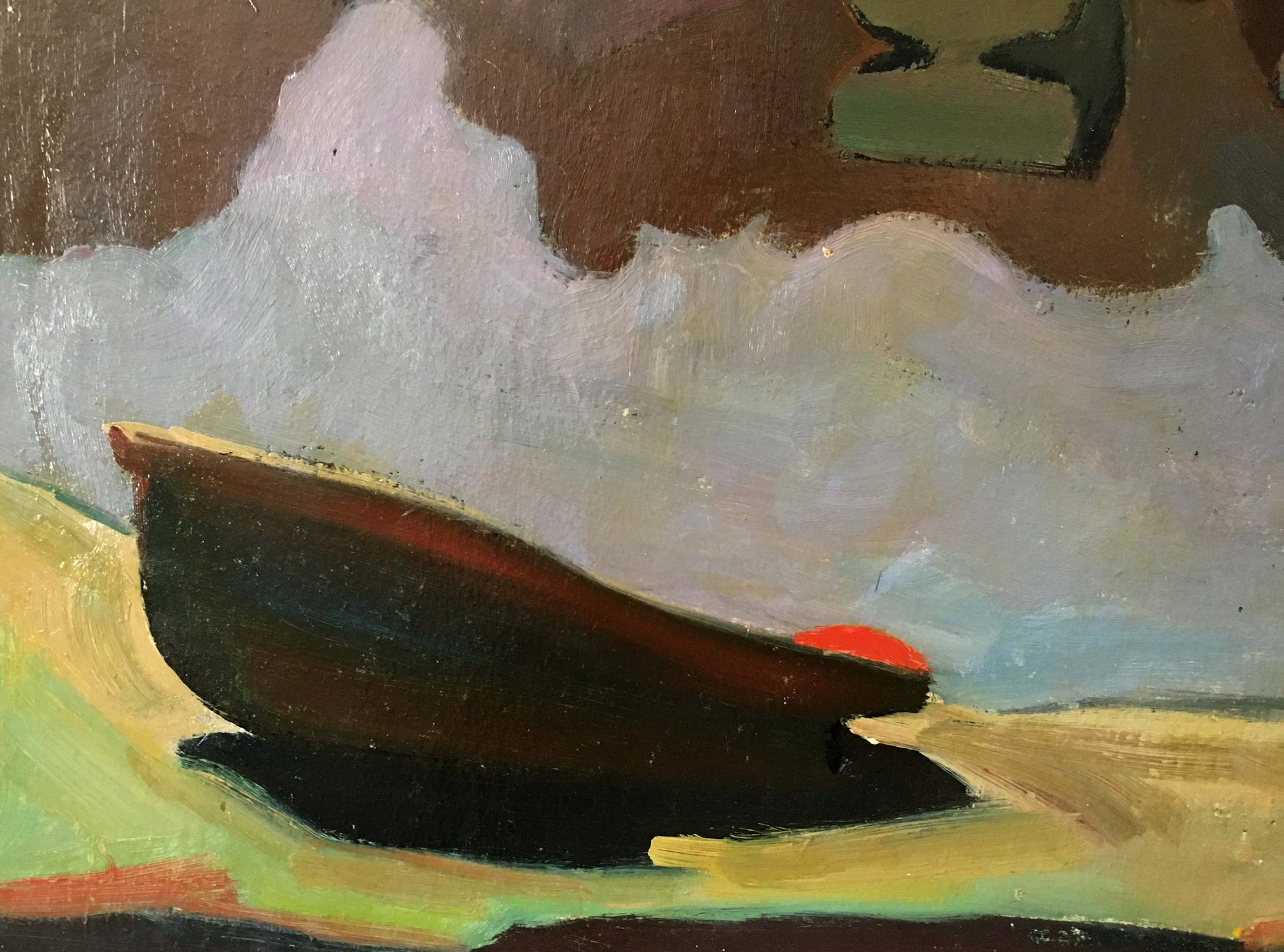 Oil painting of dark wooden rowboat with red bow accent by Kiyansky Yuri Ivanovich