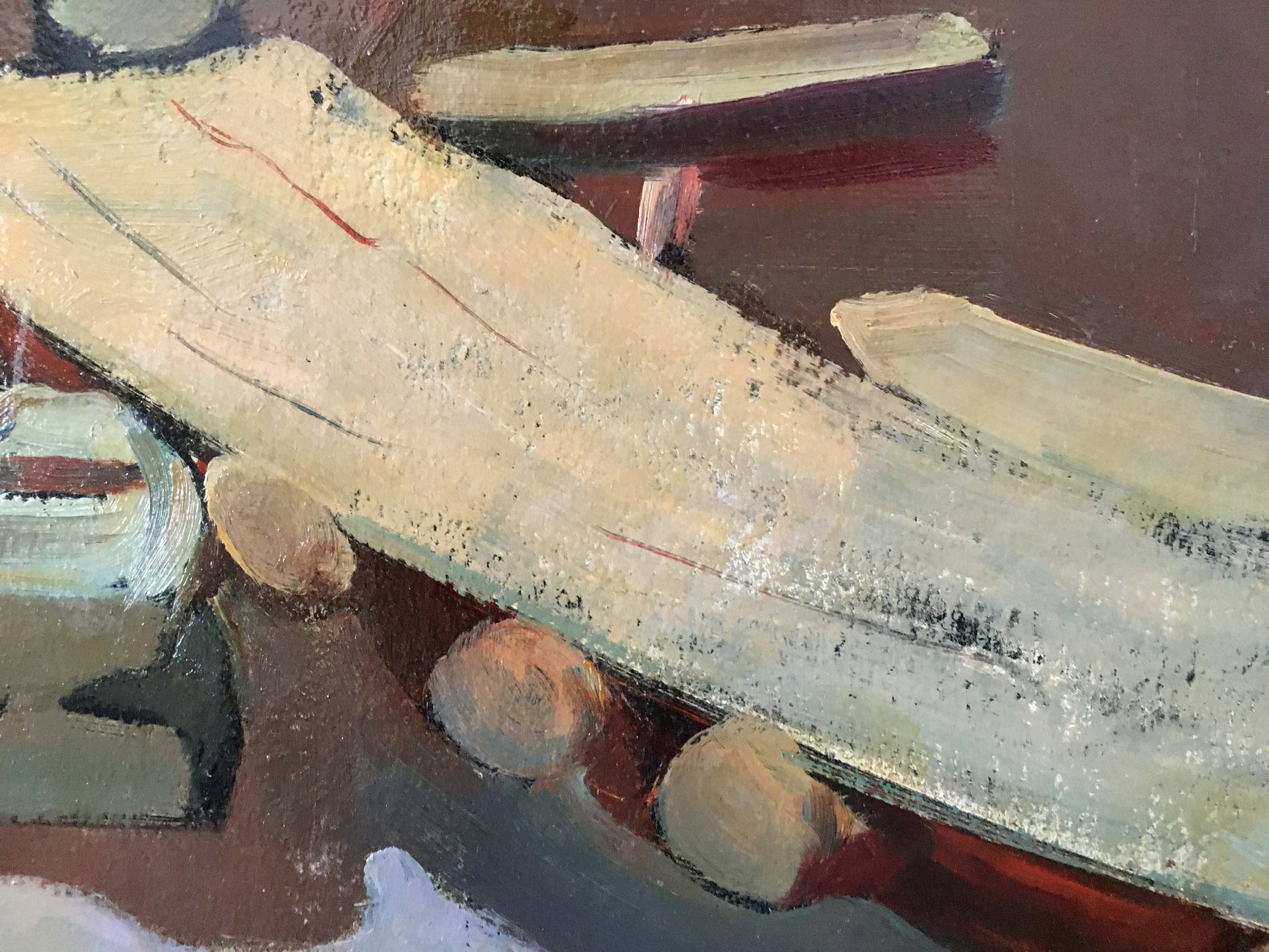 Textured off-white plank backside of Oil painting Boat mooring Kiyansky Yuri Ivanovich