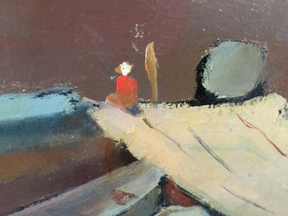 Abstract expressionist oil painting by Kiyansky Yuri Ivanovich, red figure on cream surface