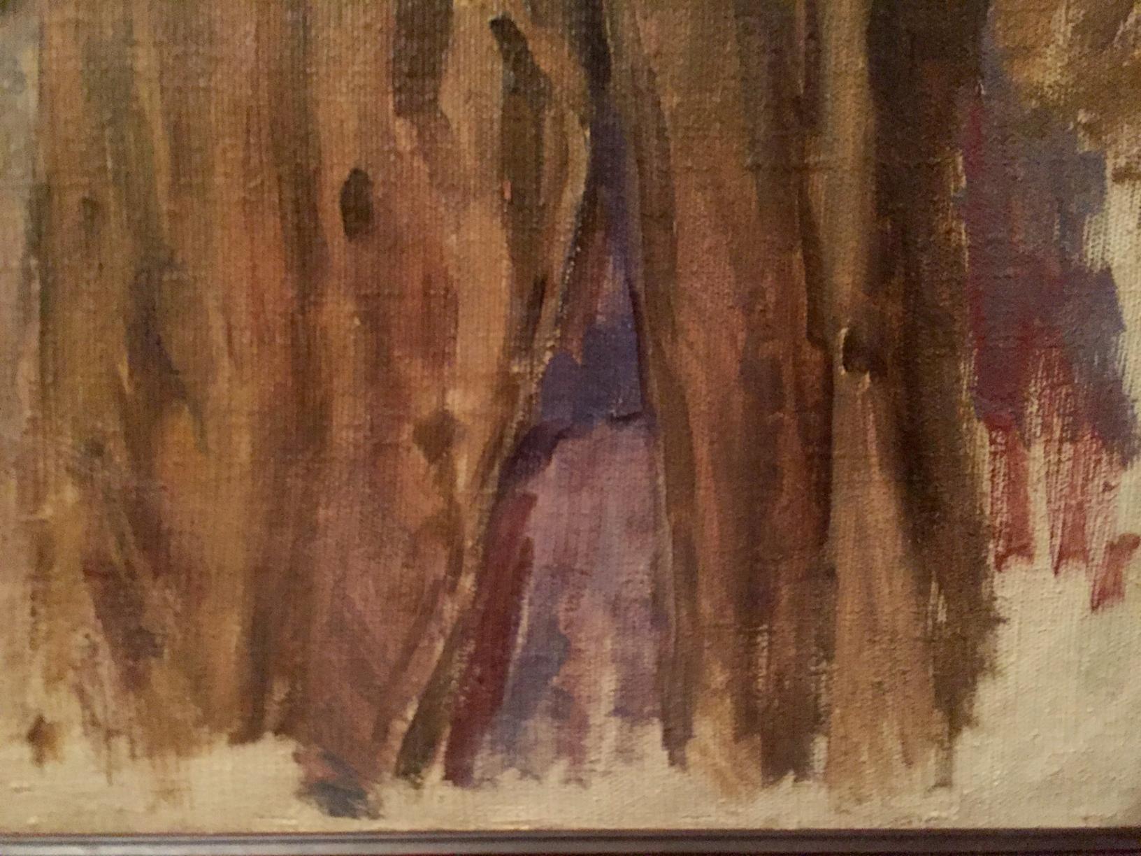 Textured earth-toned oil painting of Kostetsky Vladimir Nikolaevich portrait with tree bark