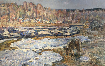 Rustic brown horse in snowy icy landscape, oil painting by Zvyagintsev Rostislav Mikhailovich