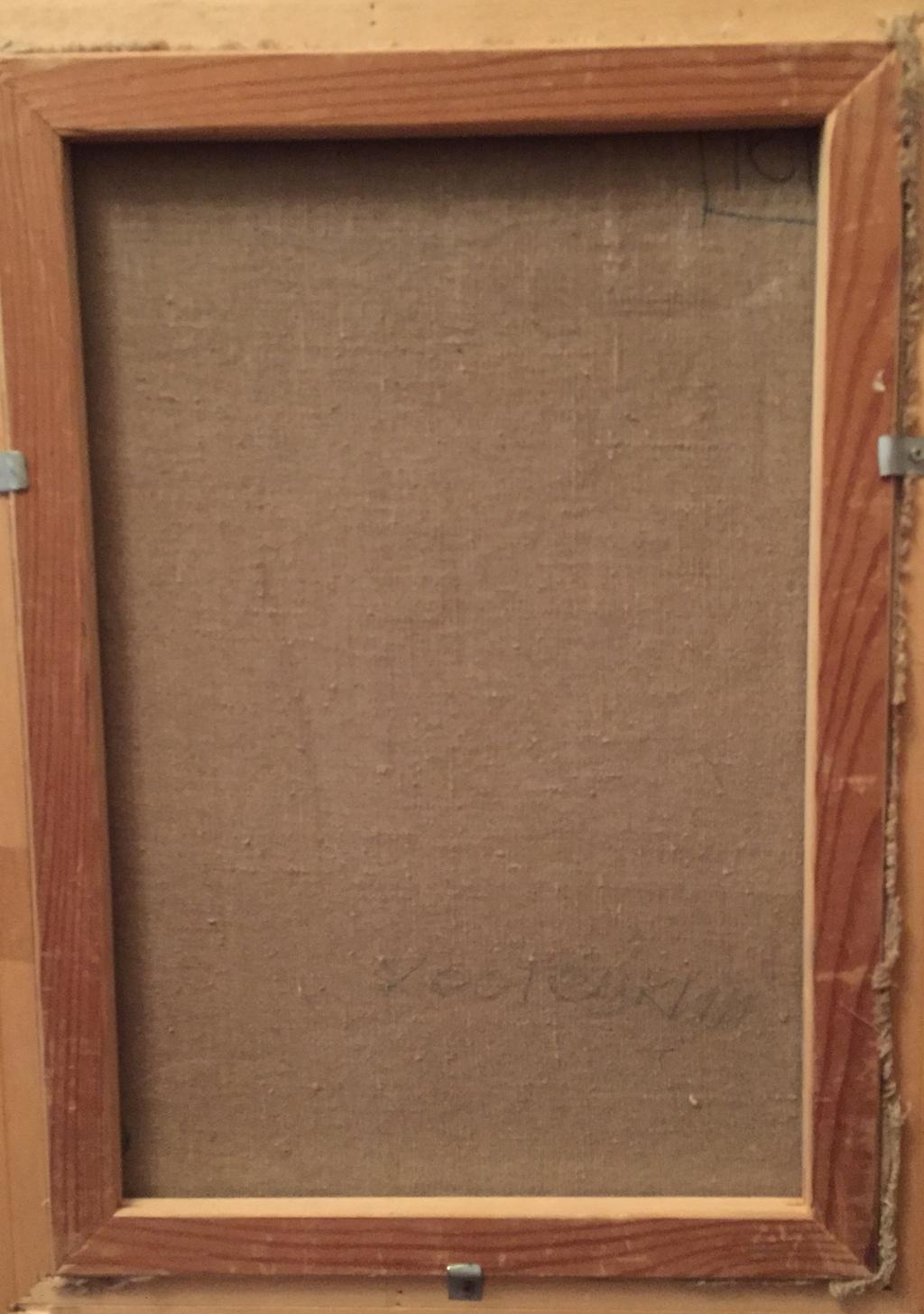 Back of wooden-framed oil painting Portrait of man Kostetsky Vladimir Nikolaevich with brown textured backing and faint pencil markings