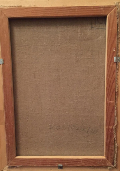 Back of wooden-framed oil painting Portrait of man Kostetsky Vladimir Nikolaevich with brown textured backing and faint pencil markings