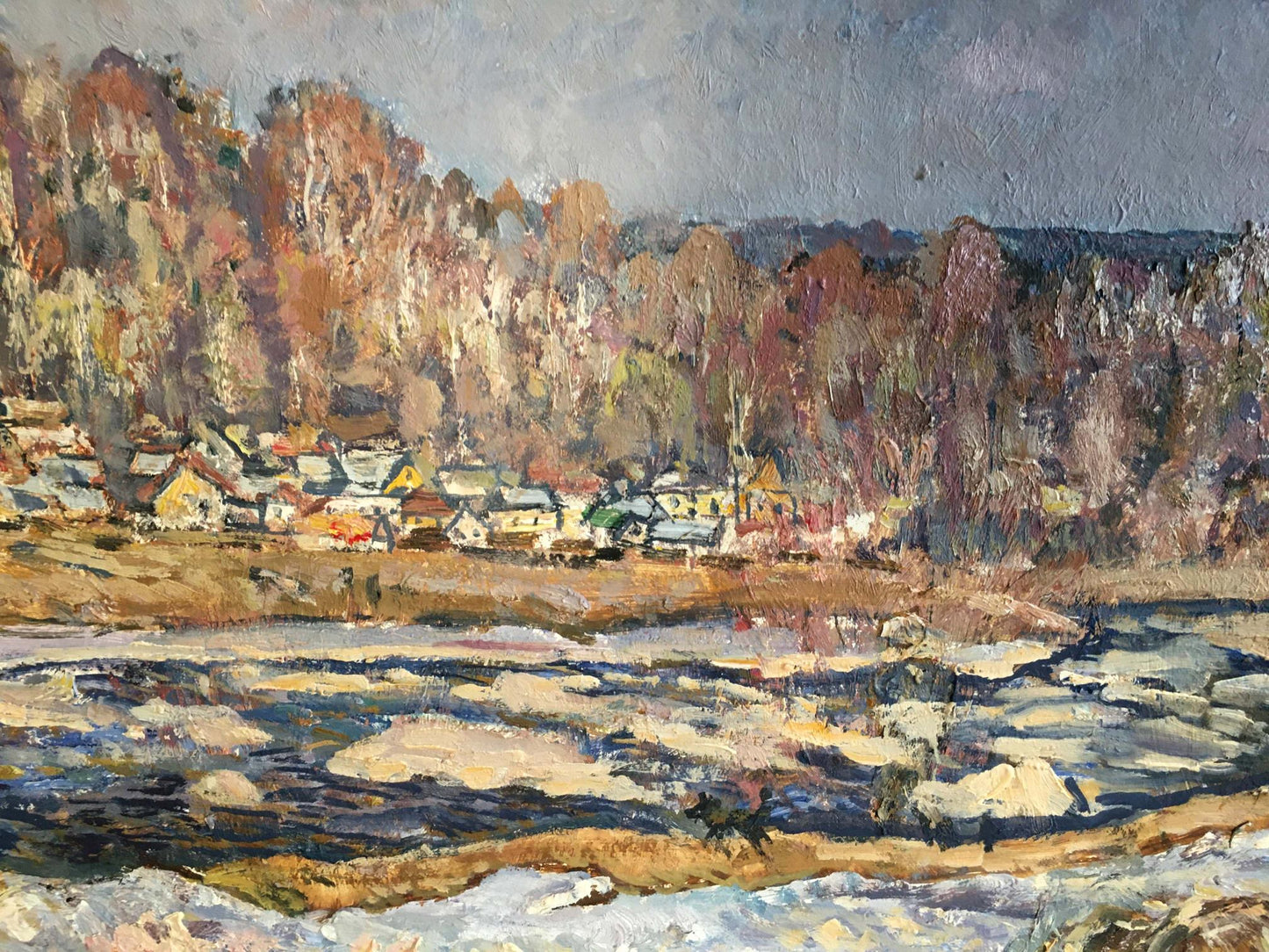 Oil painting Autumn day by Zvyagintsev Rostislav Mikhailovich, autumn village by river