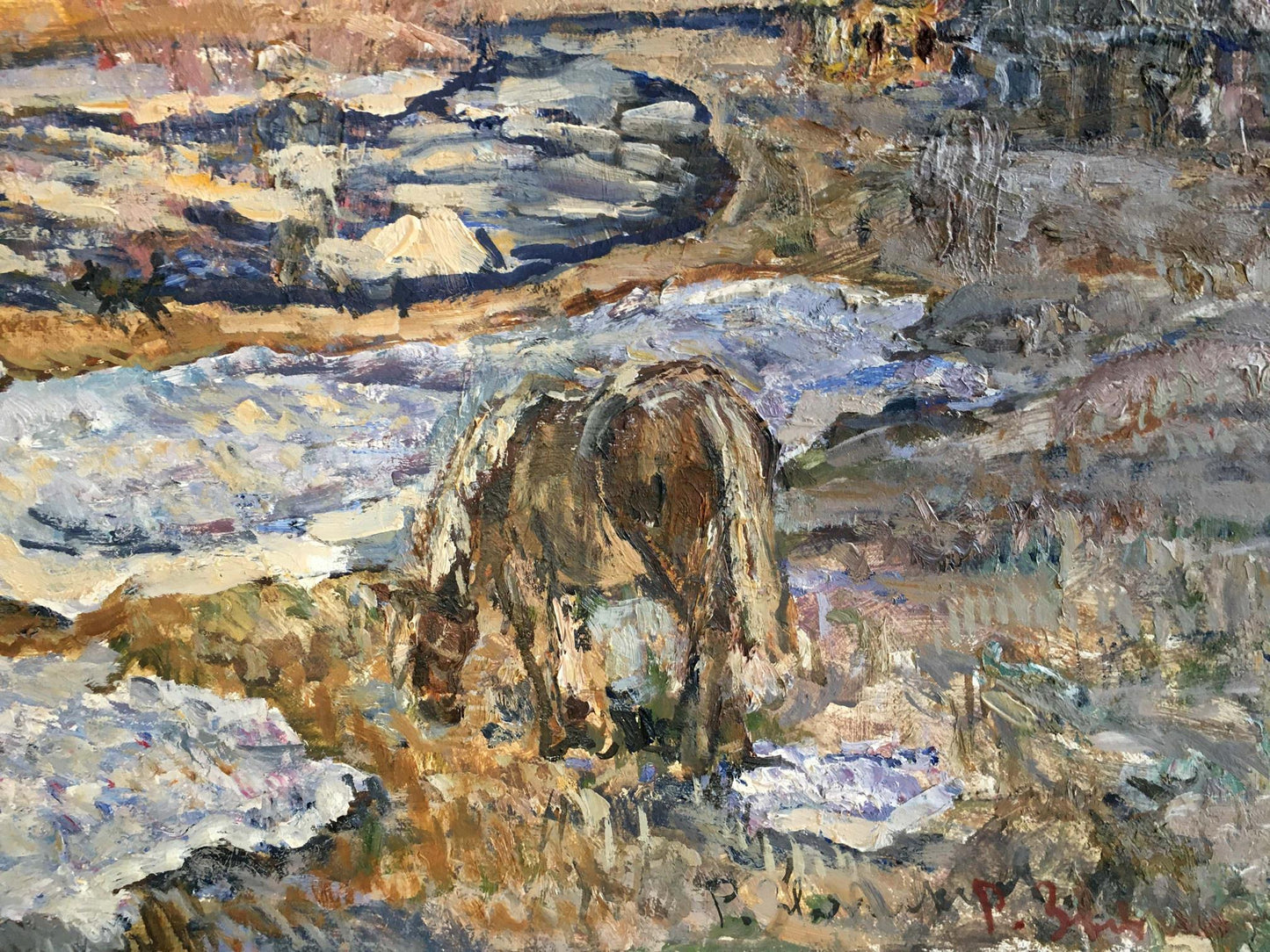 Oil painting Autumn day by Zvyagintsev Rostislav Mikhailovich: textured brown and white horse in rocky landscape