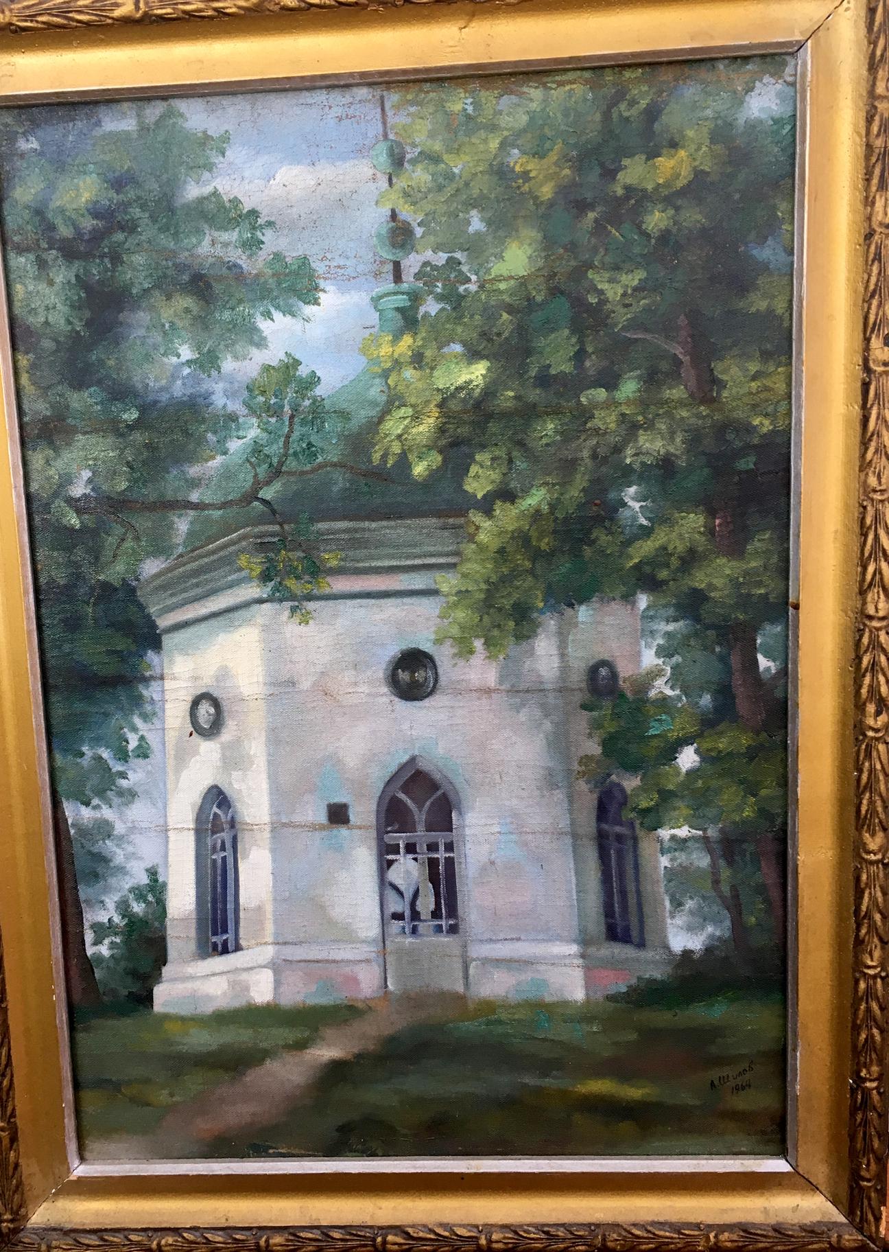 Oil painting Altanka in Kachanovka by A. Shipov, white stone building in trees