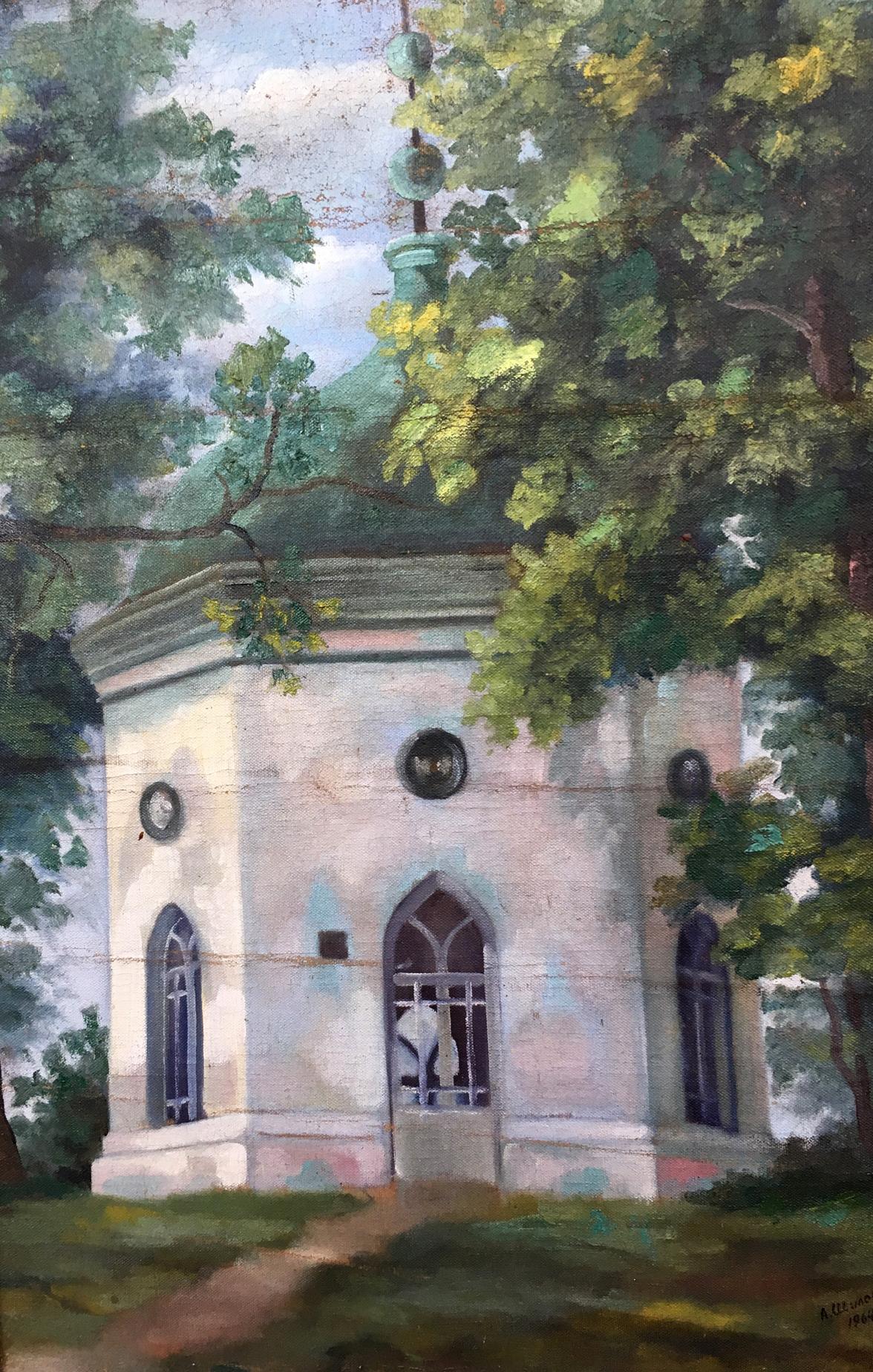 Oil painting of serene stone Altanka chapel in Kachanovka by A. Shipov
