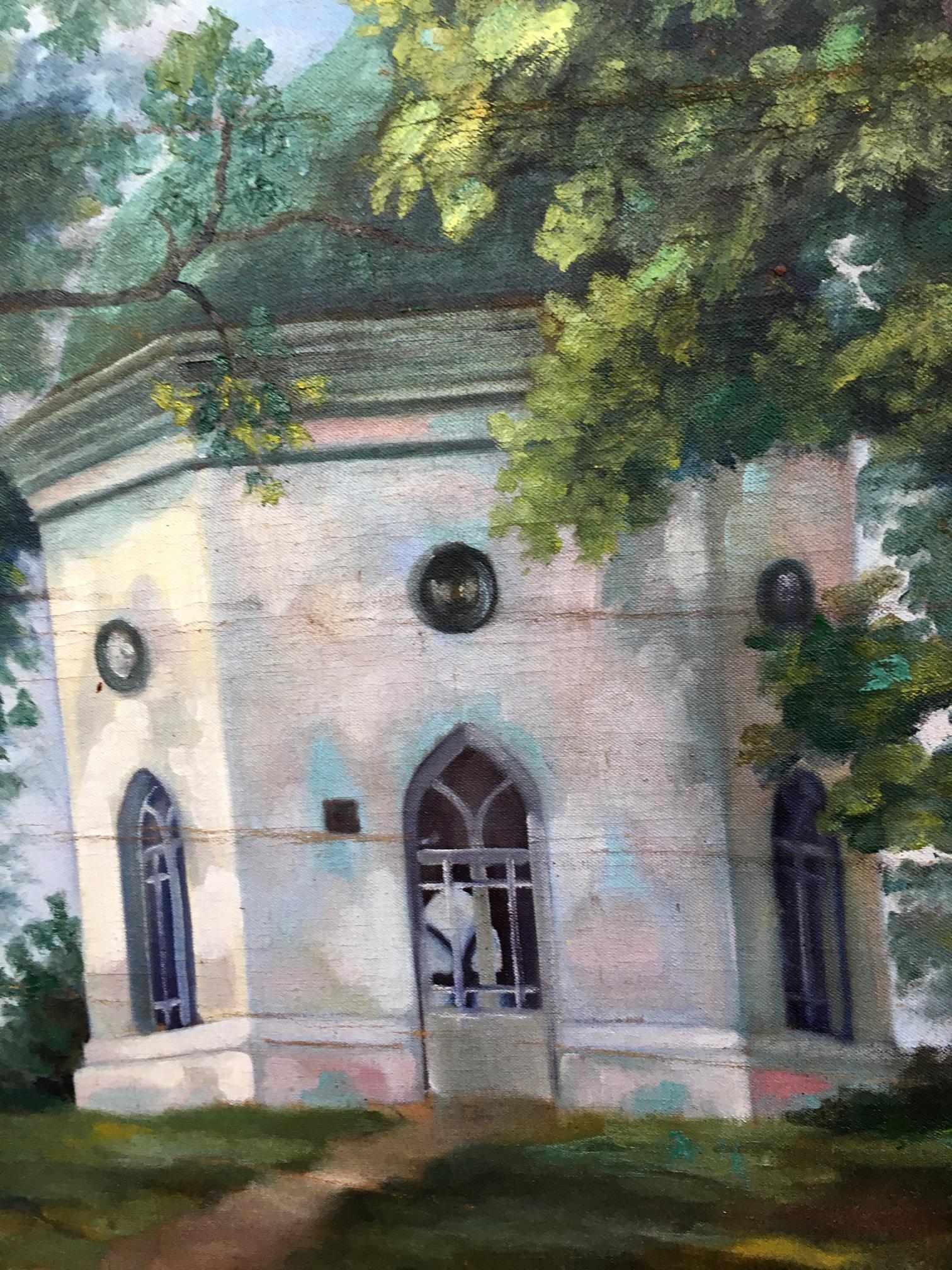 Oil painting Altanka in Kachanovka by A. Shipov: pastel octagonal chapel with green dome