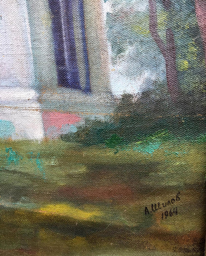 Oil painting Altanka in Kachanovka by A. Shipov, textured garden scene 1964