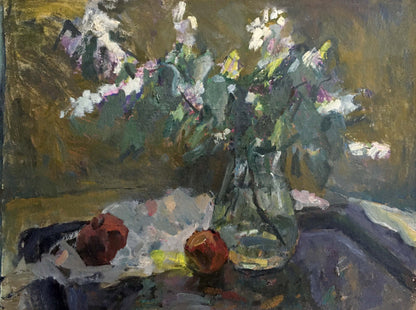 Oil painting by Stanislav Vasilievich Petrashevsky: vase with white purple flowers