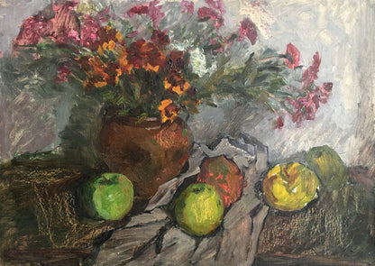 Oil painting of rustic brown vase with vibrant pink, orange, red flowers by Petrashevsky