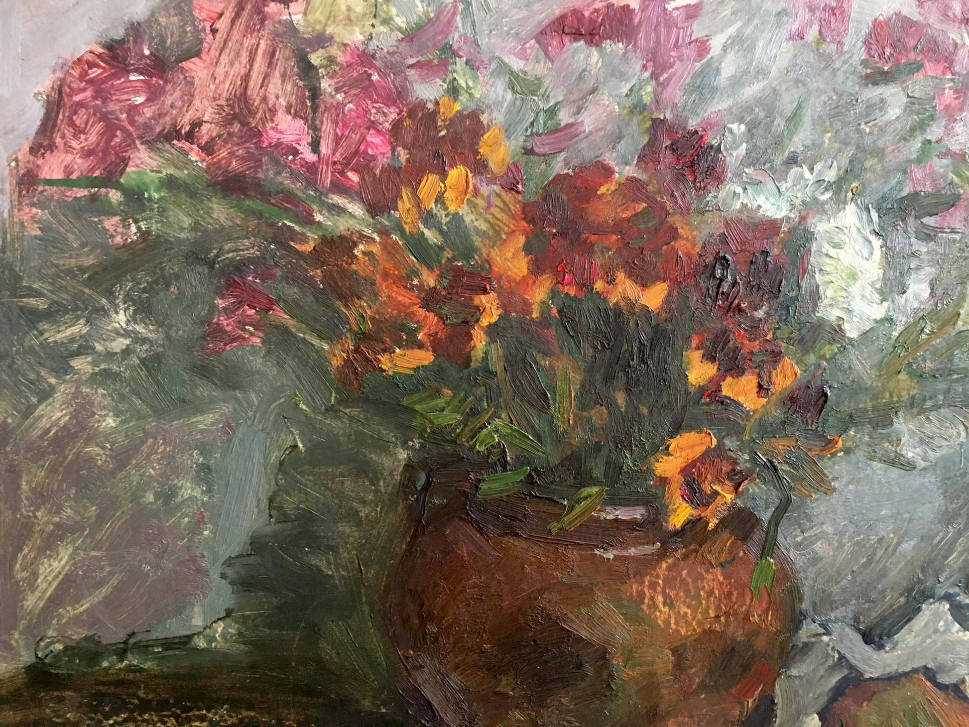 Oil painting by Petrashevsky Stanislav Vasilievich: rustic vase with vibrant flowers