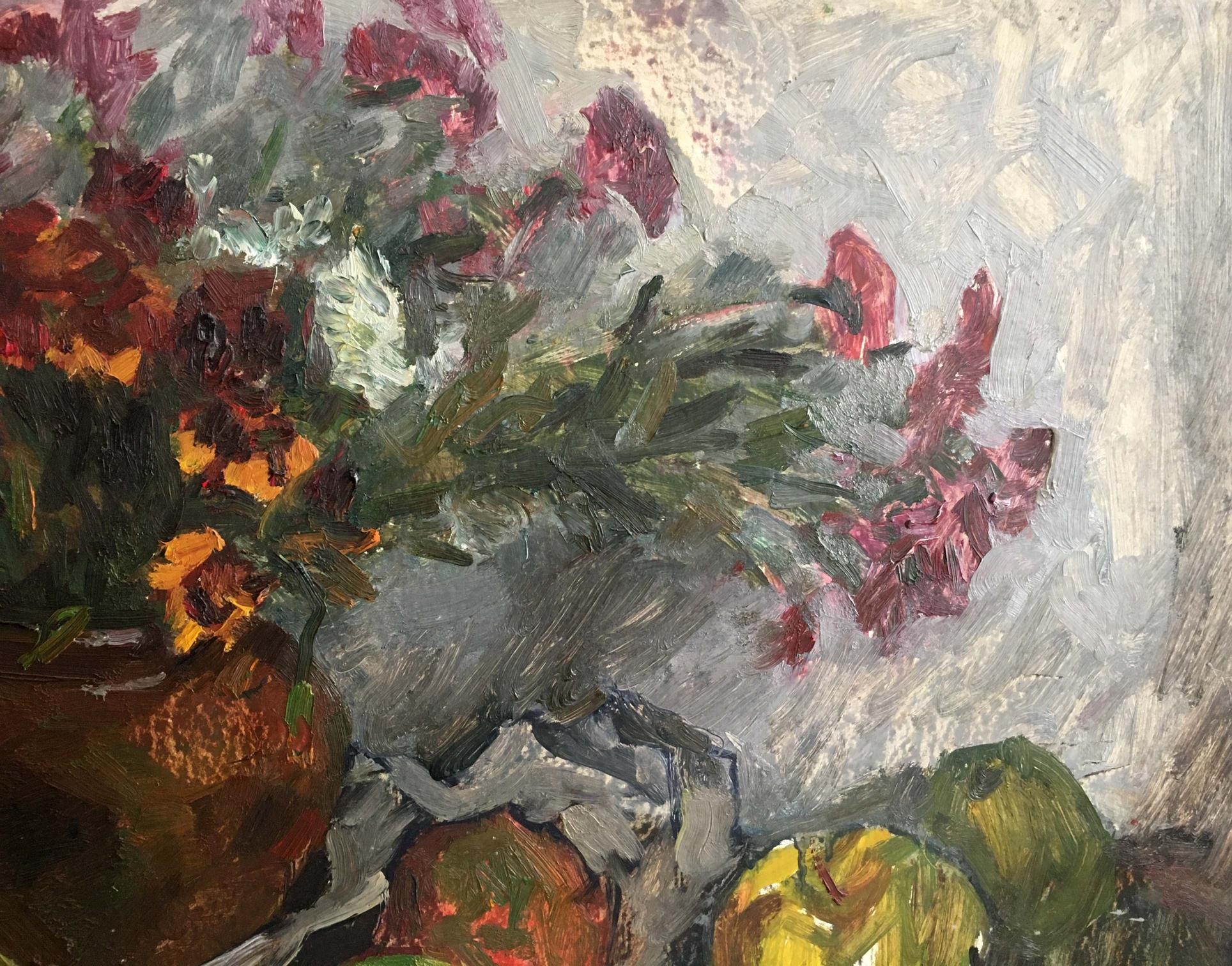 Oil painting by Petrashevsky Stanislav Vasilievich: red orange flowers in vase with apples