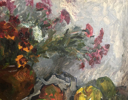 Oil painting by Petrashevsky Stanislav Vasilievich: red orange flowers in vase with apples